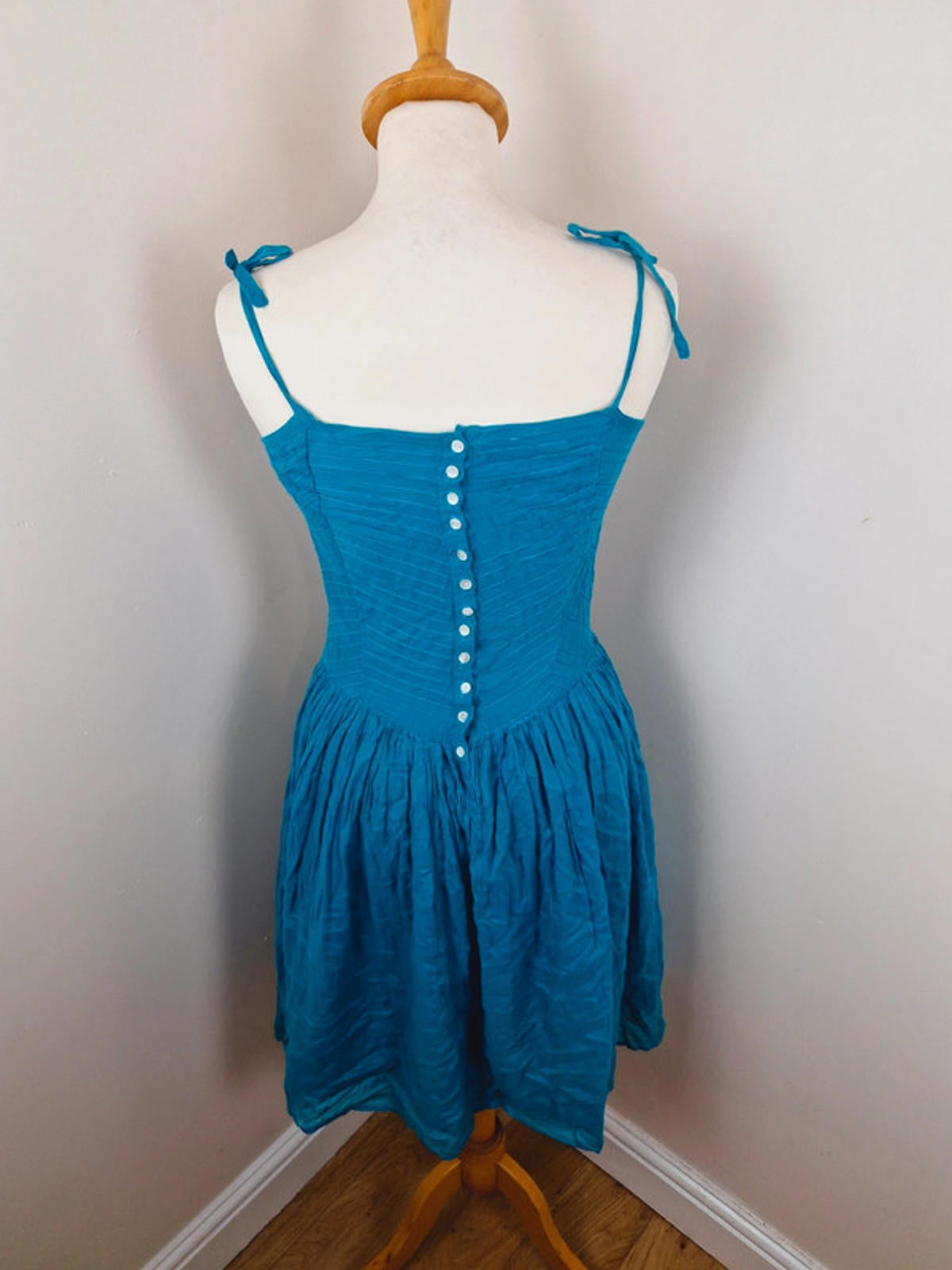 Womens Vintage 1970s 70s Indian Cotton Strappy Boho Turquoise Dress XS