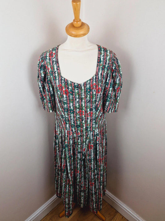 Womens Vintage Austrian Cottagecore Dirndl Style Midi Puff Sleeve Dress L