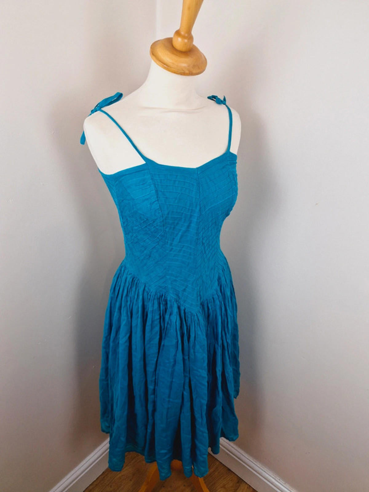 Womens Vintage 1970s 70s Indian Cotton Strappy Boho Turquoise Dress XS