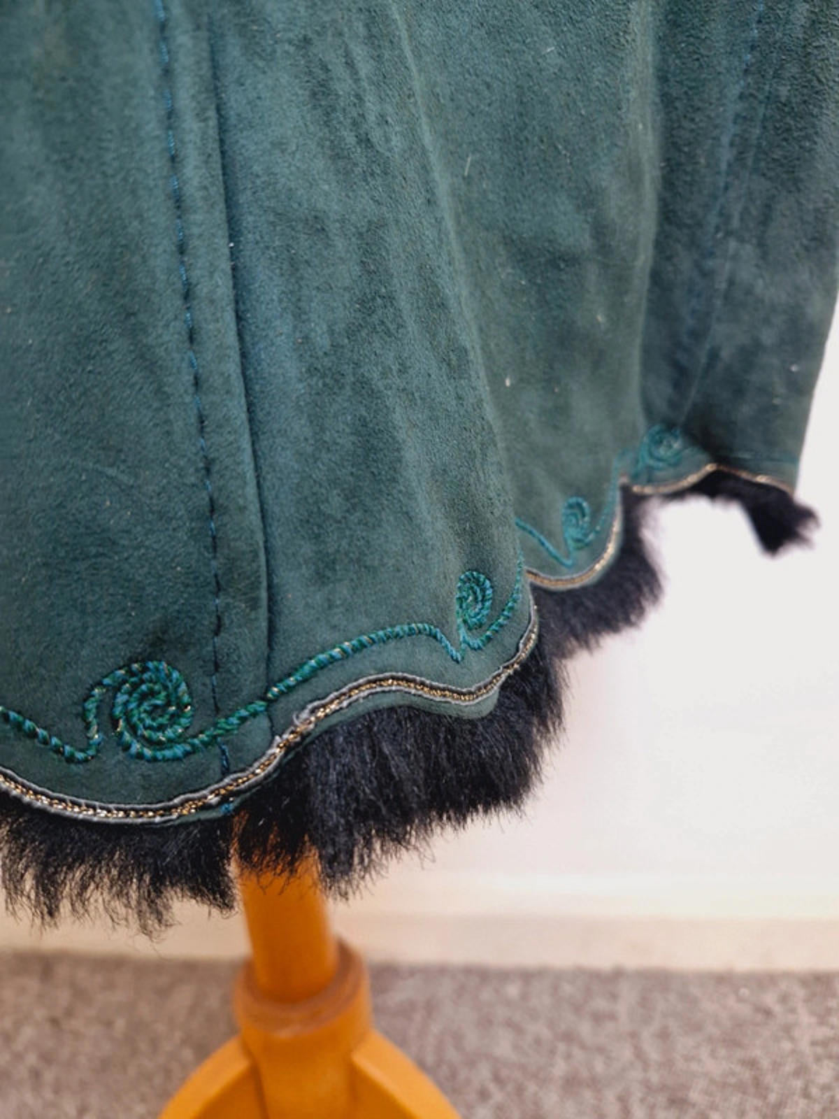 Womens Vintage Green Suede Sheepskin Shearling Coat Jacket Embroidered L UK16