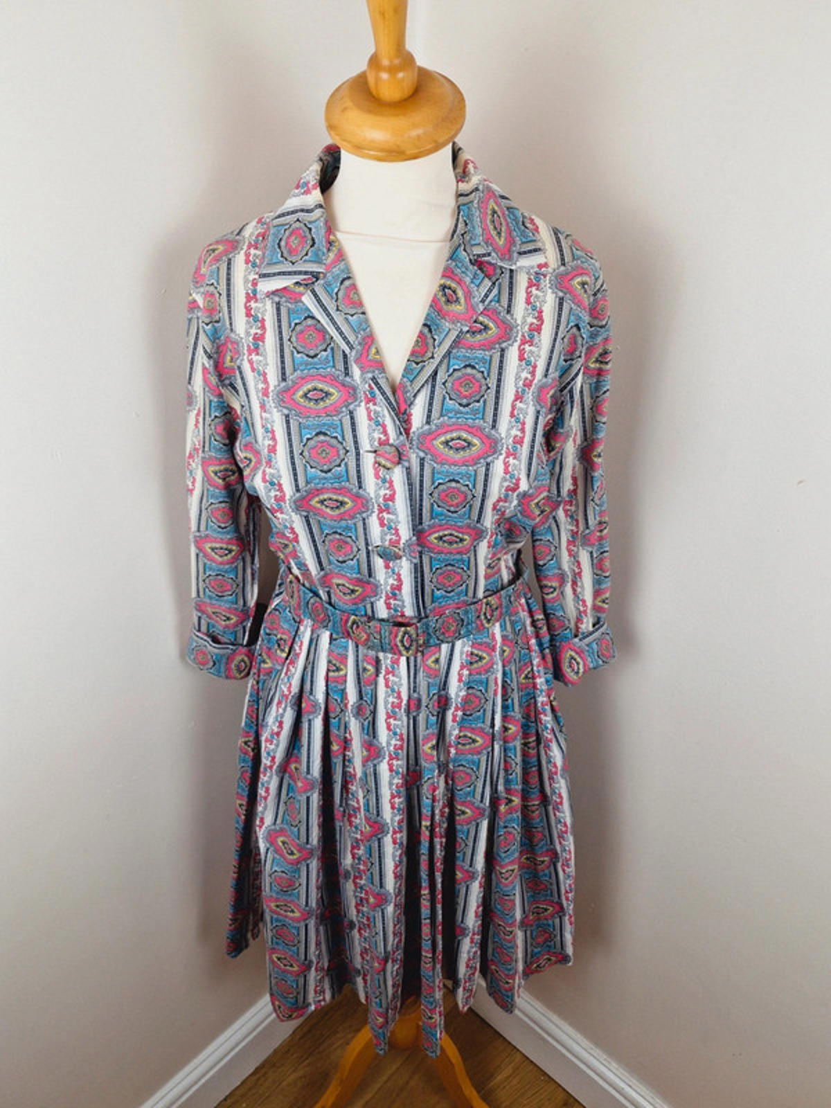 Womens Vintage 1950s 50s Shirtdress Dress Aline Long Sleeve XS