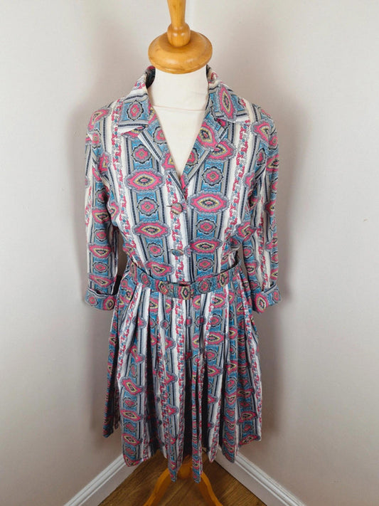 Womens Vintage 1950s 50s Shirtdress Dress Aline Long Sleeve XS