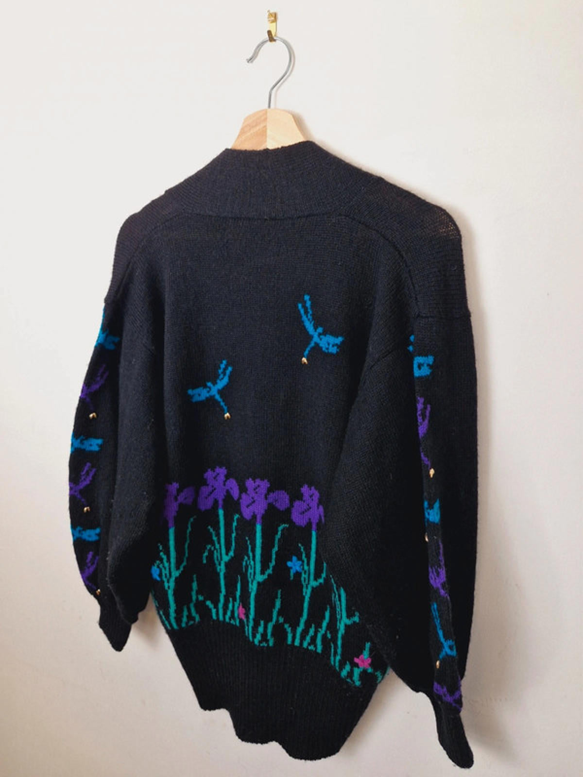 Womens Vintage Clover Wool Knitted Cardigan Jumper Black Dragonfly M