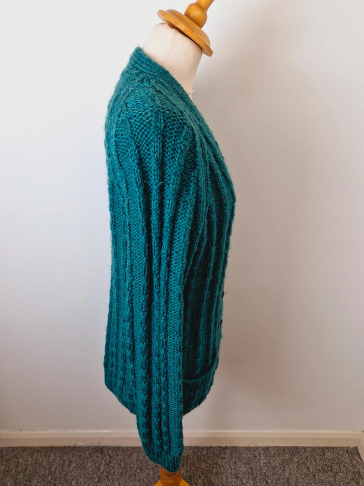 Womens Vintage Handknitted Knitted Long Cardigan Green Cable Knit M L UK14