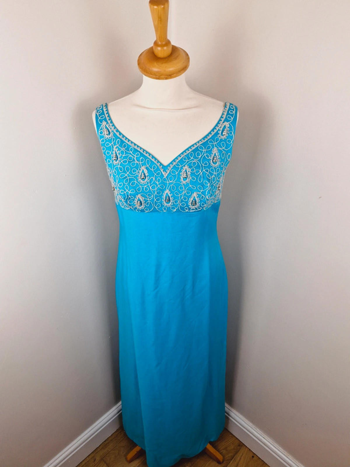 Womens Vintage 60s 1960s Turquoise Long Maxi Dress Embroidered Beaded S