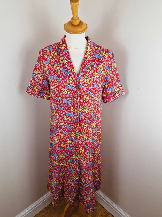 Womens Vintage retro 1970s 70s Gordon Wyatt Midi red floral teadress dress M