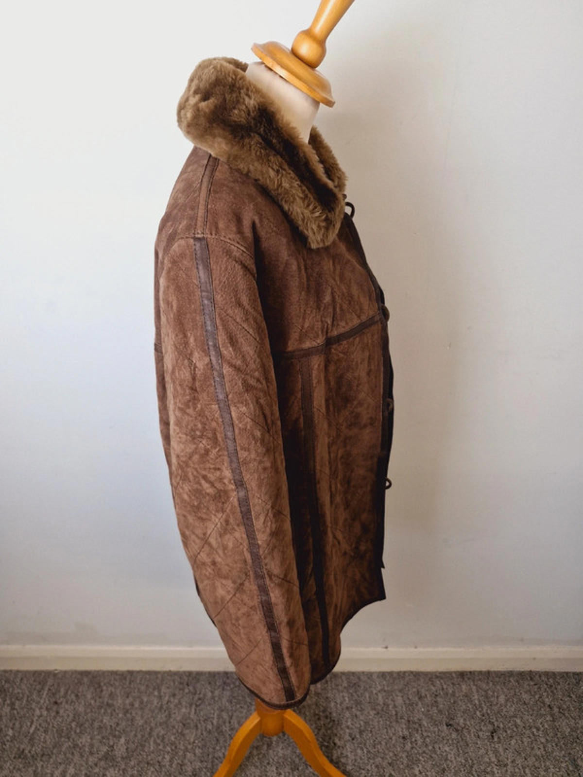 Womens Vintage Suede Leather Brown Quilted Jacket Coat M