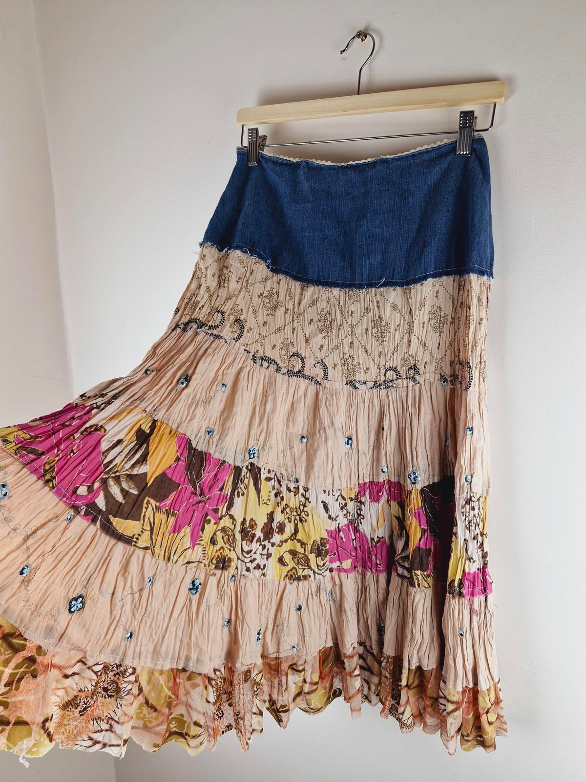 Long Denim Tiered Skirt S