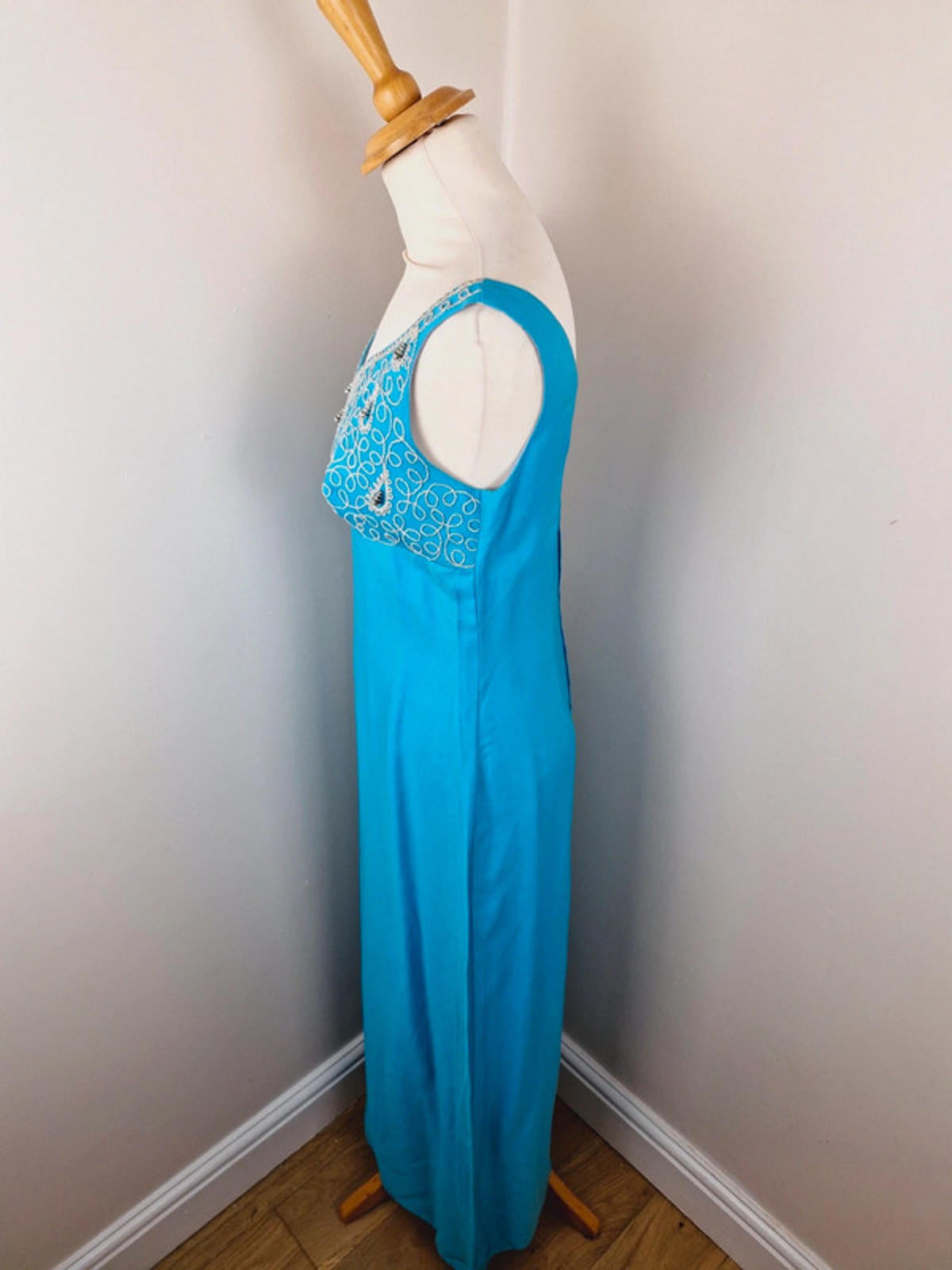 Womens Vintage 60s 1960s Turquoise Long Maxi Dress Embroidered Beaded S
