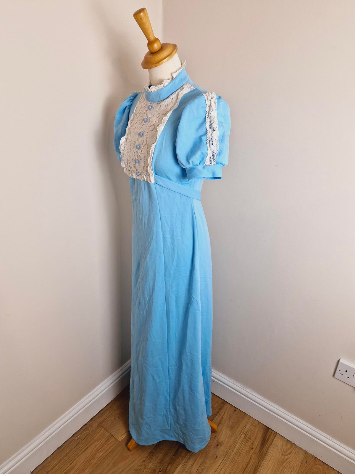 Vintage Handmade 1970s Long Maxi dress Puff Sleeve Prairie Dress Lace UK8 UK10 S