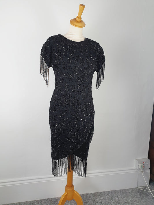 Womens Vintage retro Black beaded Embellished cocktail backless fringed flapper dress silk S M