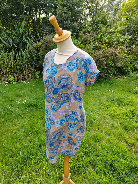 Handmade Vintage Silk Blue Floral Dress M