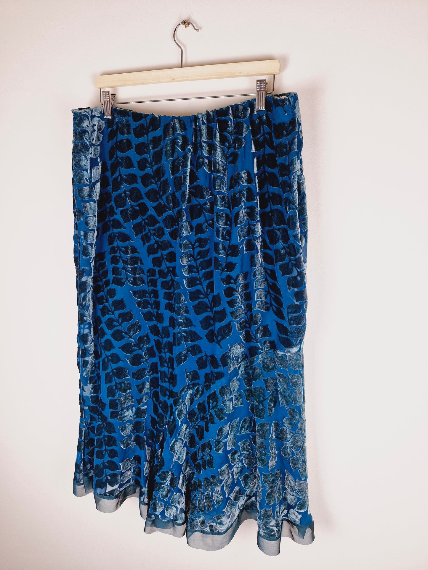 Vintage 90s Turquoise Velvet Midi Slip Skirt XL