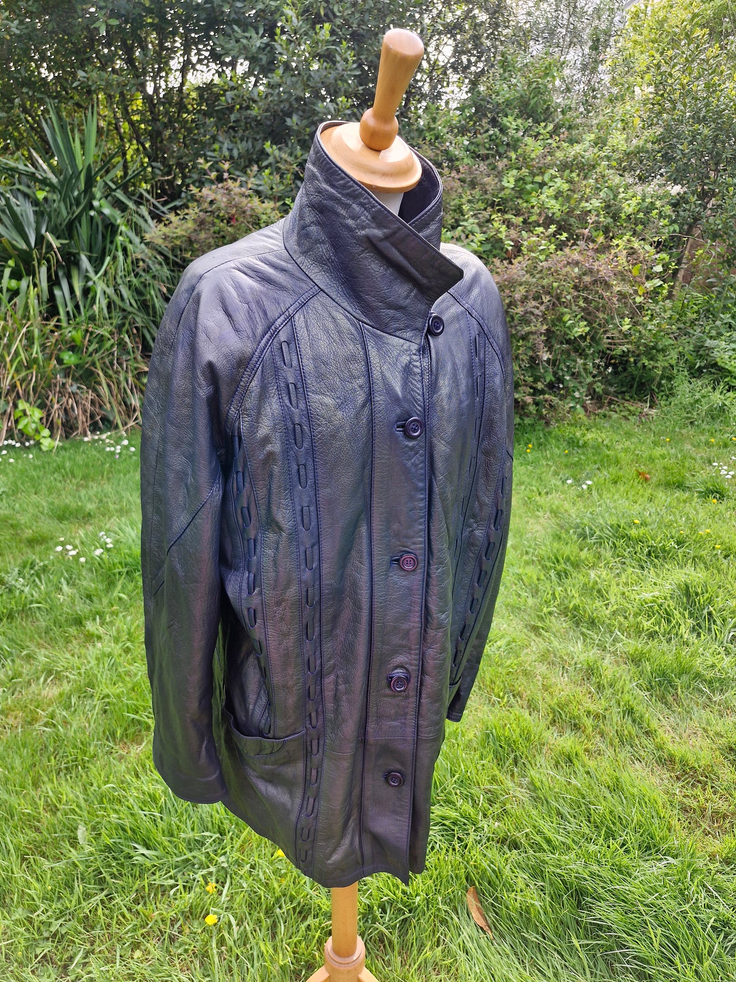 Vintage Blue Black Metallic Leather Jacket Coat L