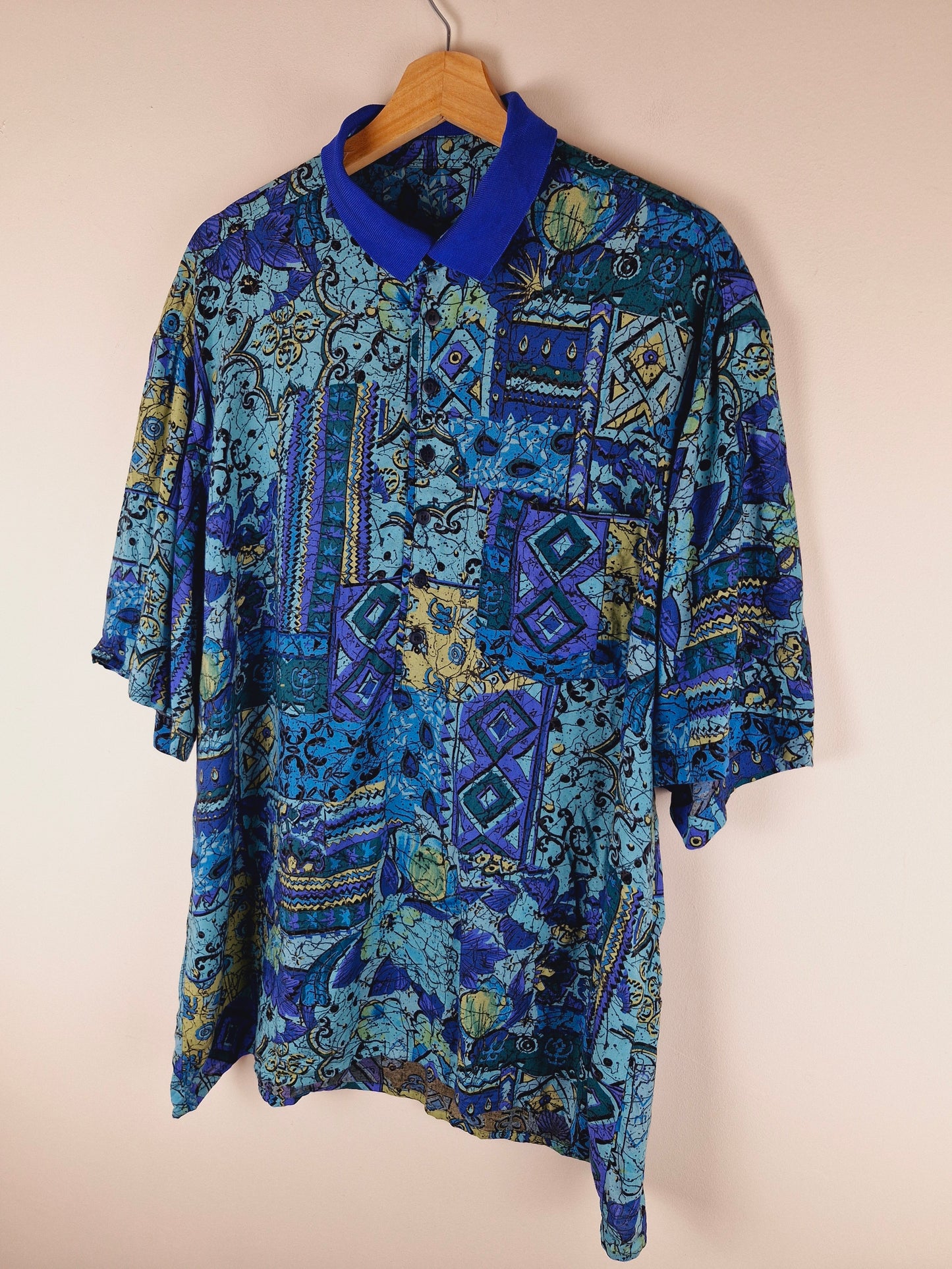 Vintage 90s Funky Abstract Print Turquoise Shirt XL