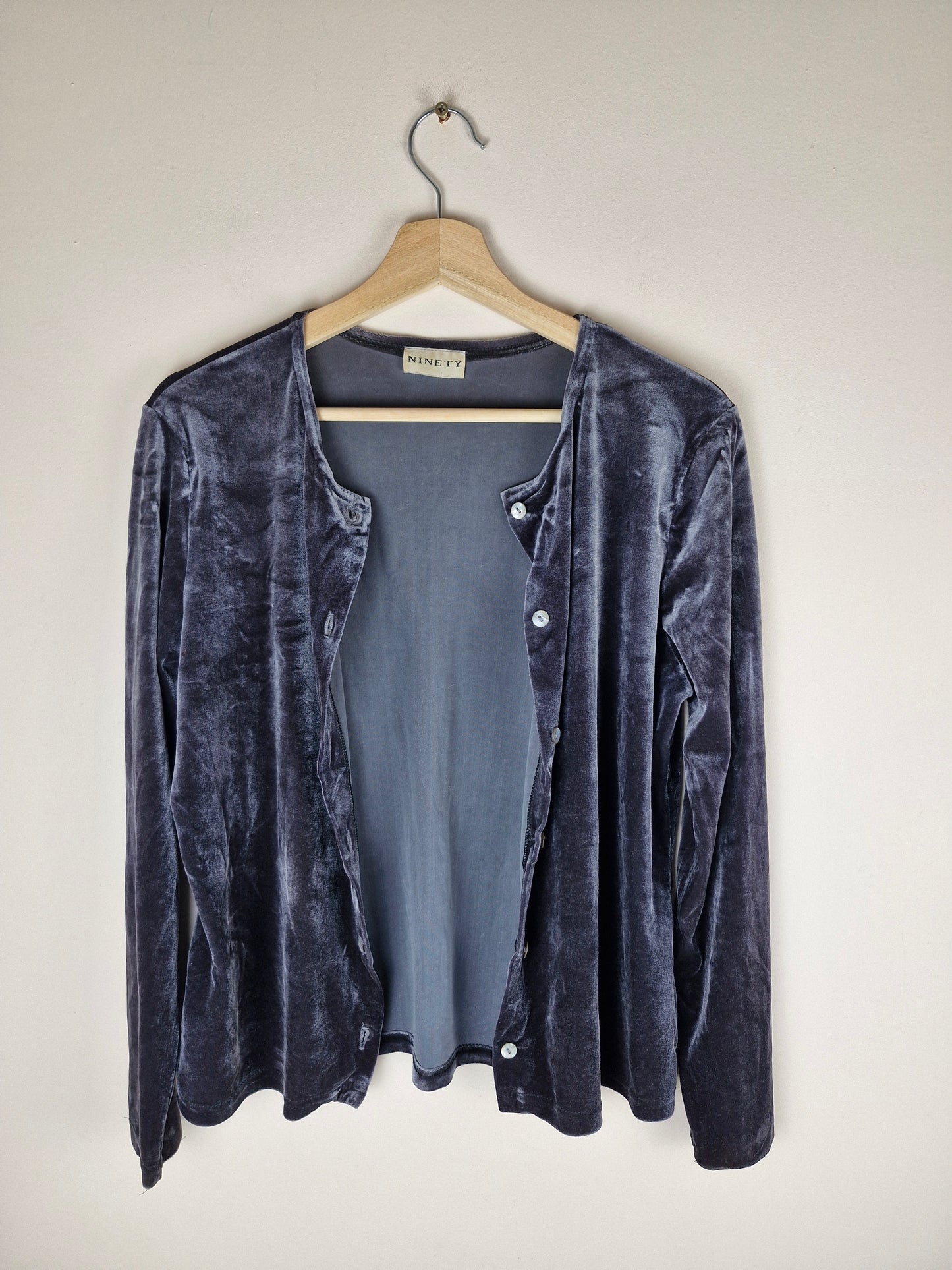 Vintage 90s Grey Silver Velvet Long Sleeve Top Cardigan M