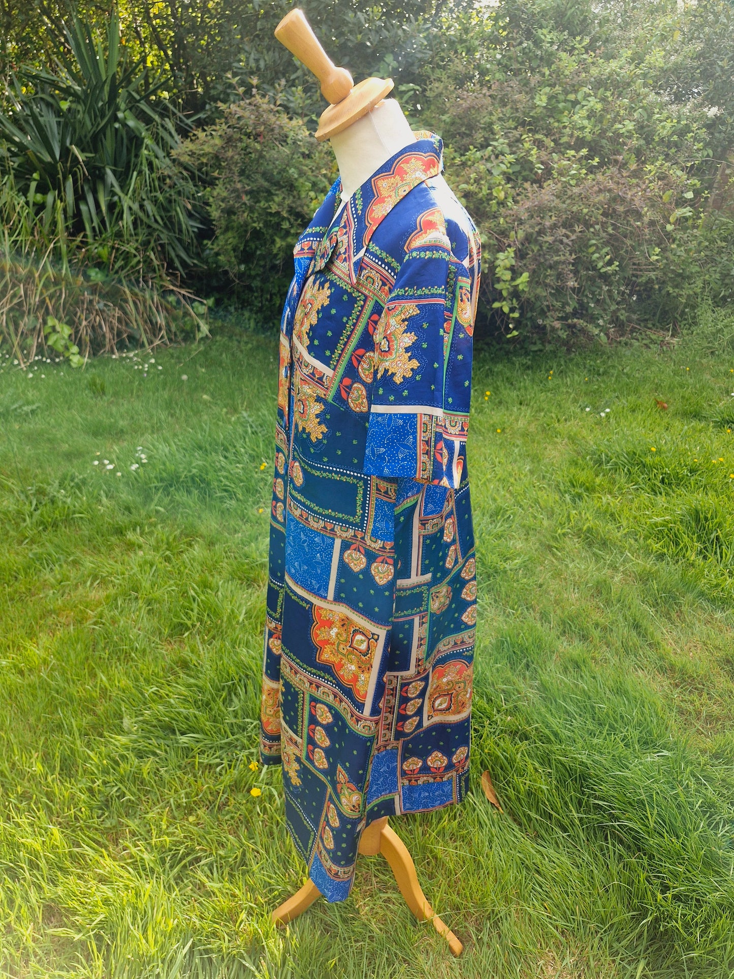 1970s Blue Patchwork Style Midi Shirtdress Dress L