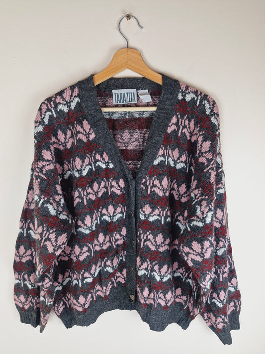 Vintage Floral Grey Pink Cardigan L