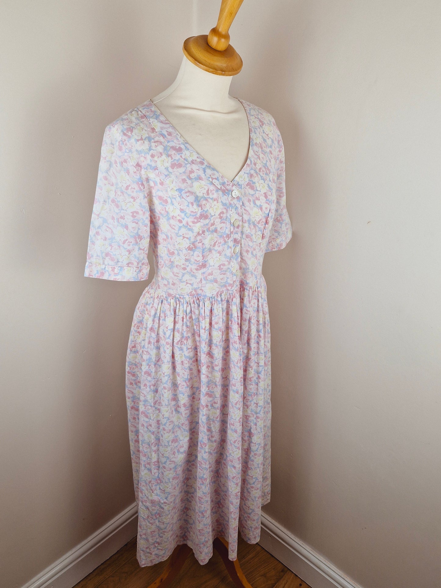 Vintage Cotton Midi Summer Pink Floral Dress S M