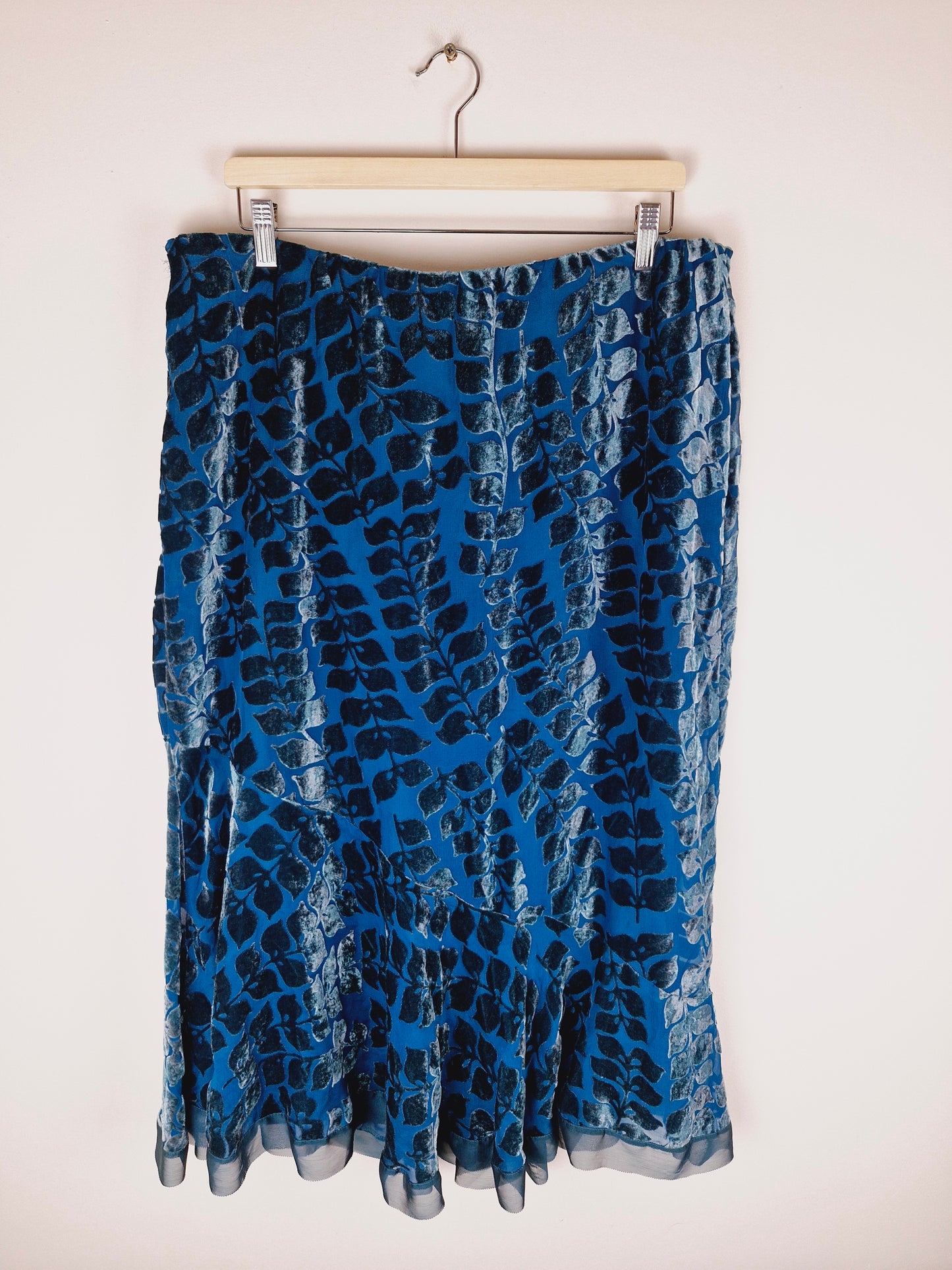 Vintage 90s Turquoise Velvet Midi Slip Skirt XL