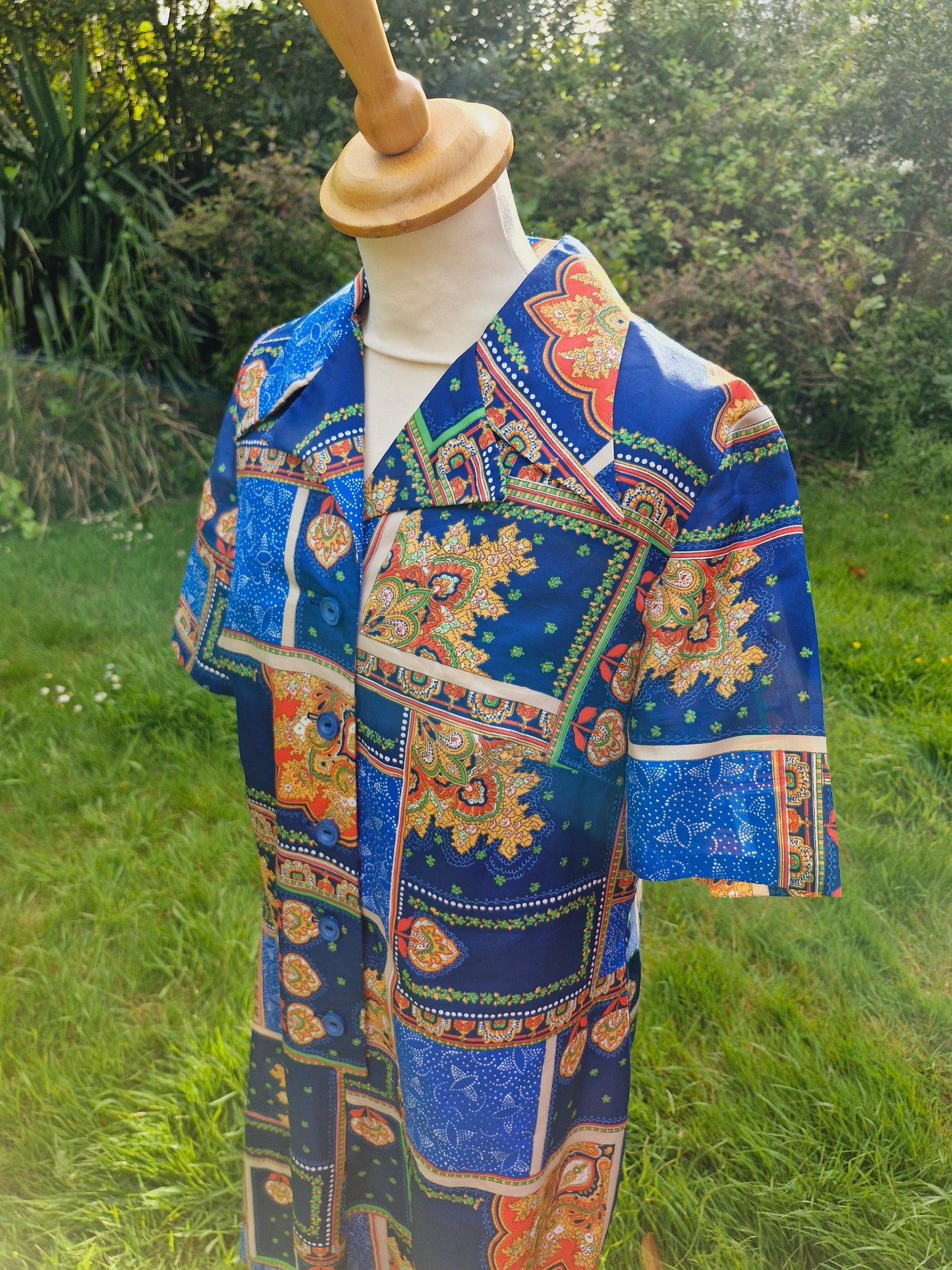 1970s Blue Patchwork Style Midi Shirtdress Dress L