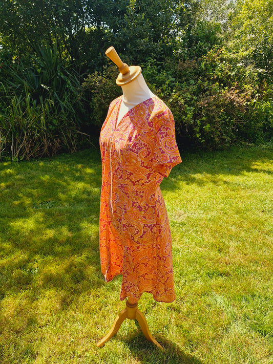 1970s Orange & Pink Paisley Midi Dress L
