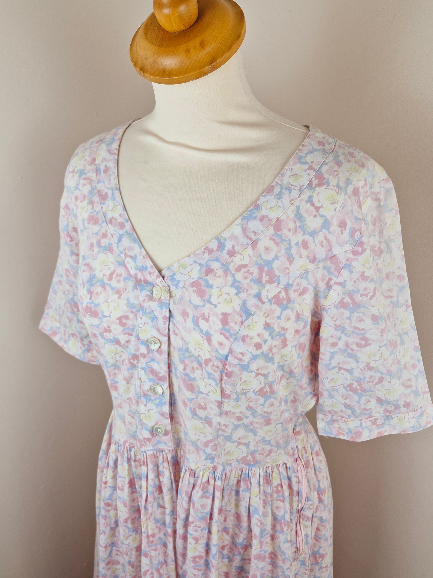 Vintage Cotton Midi Summer Pink Floral Dress S M