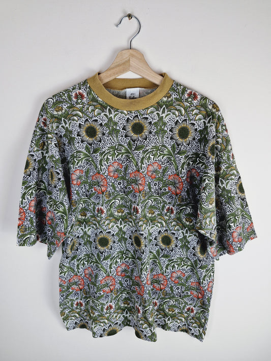 Vintage Floral Cotton Tshirt Top Botanical Green Made in England