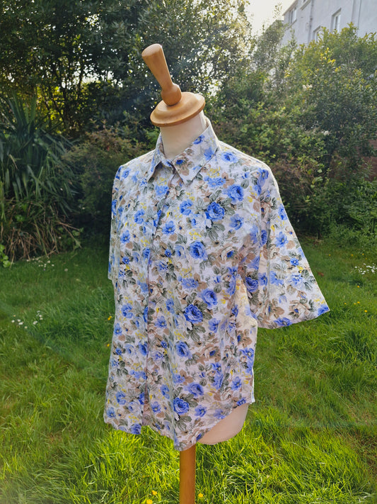 Blue Floral Summer Shirt Top Blouse L