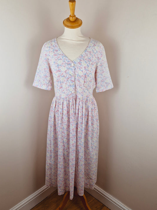 Vintage Cotton Midi Summer Pink Floral Dress S M