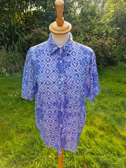 Cotton Block Print Blue & White Summer Shirt L