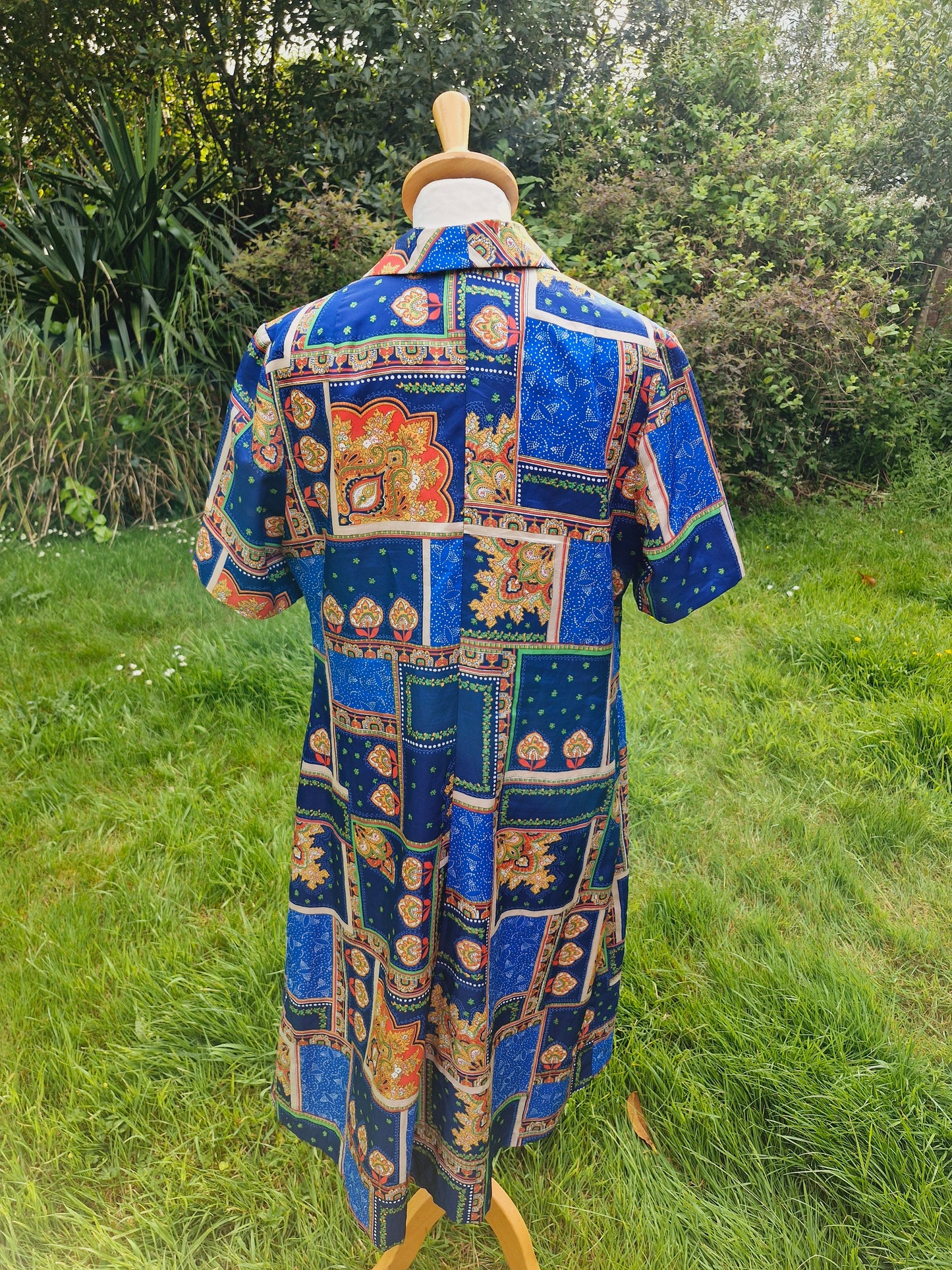 1970s Blue Patchwork Style Midi Shirtdress Dress L