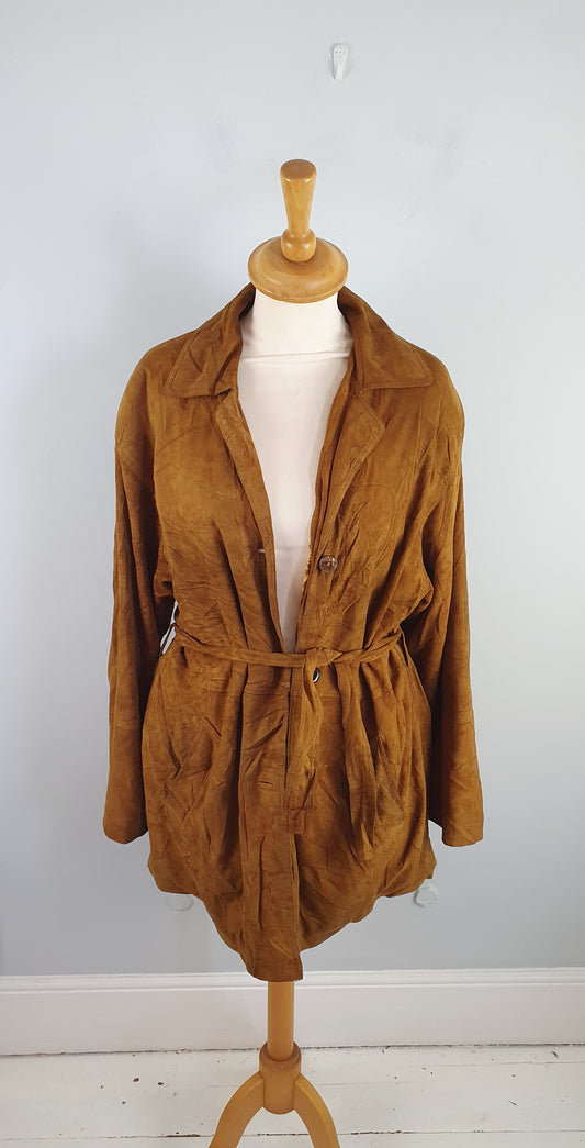 Womens Vintage Retro 70s Style Real Suede Belted Trench Coat Jacket L