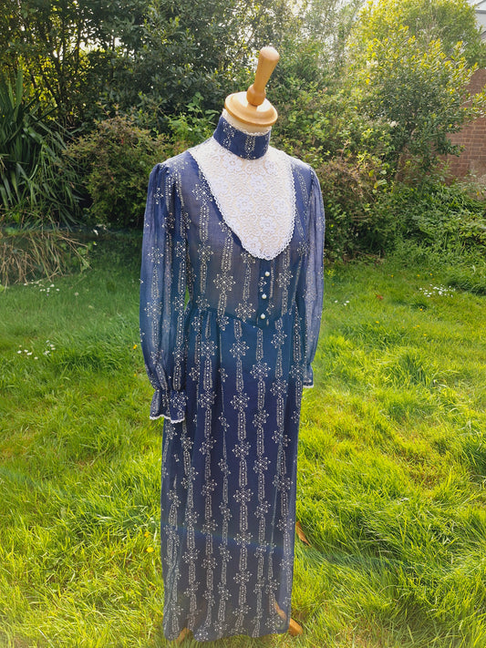 1970s Prairie Maxi Long Navy & White Dress S