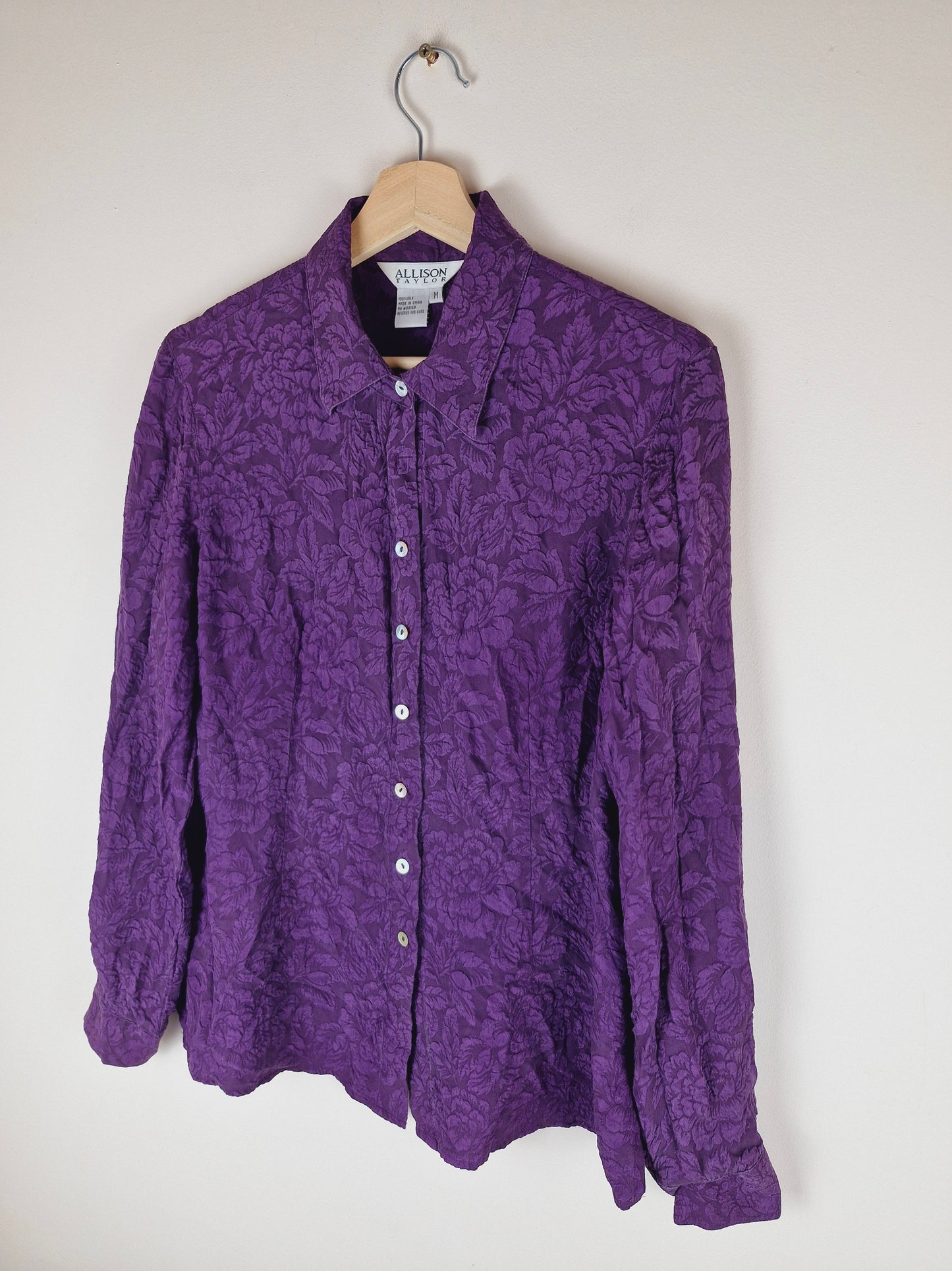 Vintage 90s Purple Silk Long Sleeve Shirt M