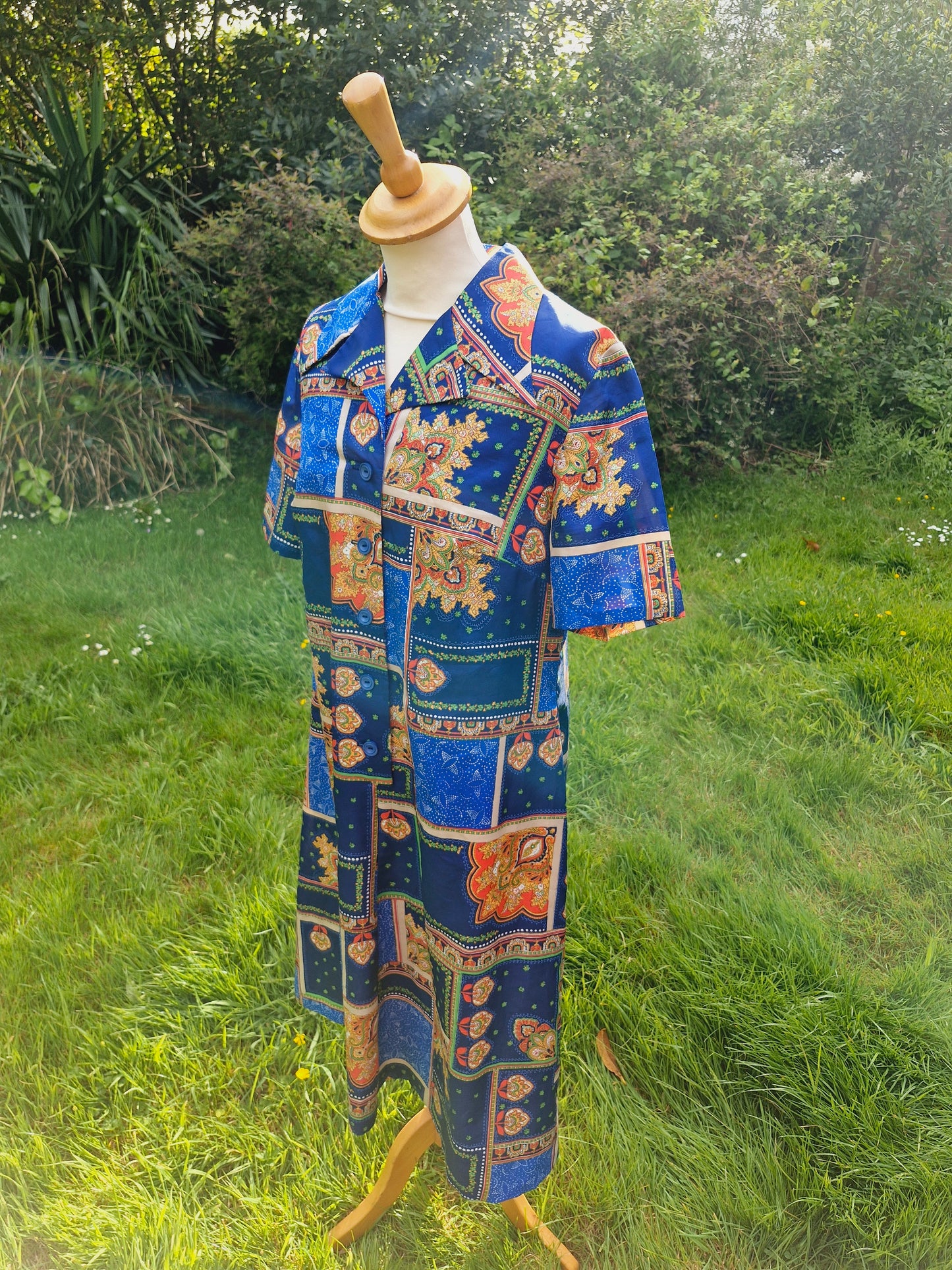 1970s Blue Patchwork Style Midi Shirtdress Dress L