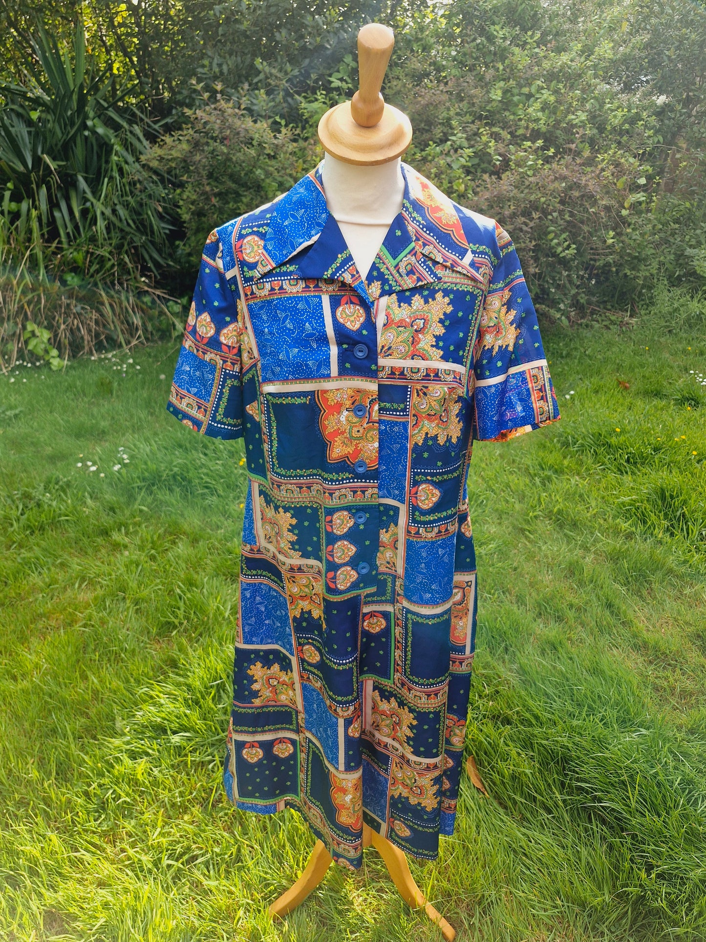 1970s Blue Patchwork Style Midi Shirtdress Dress L