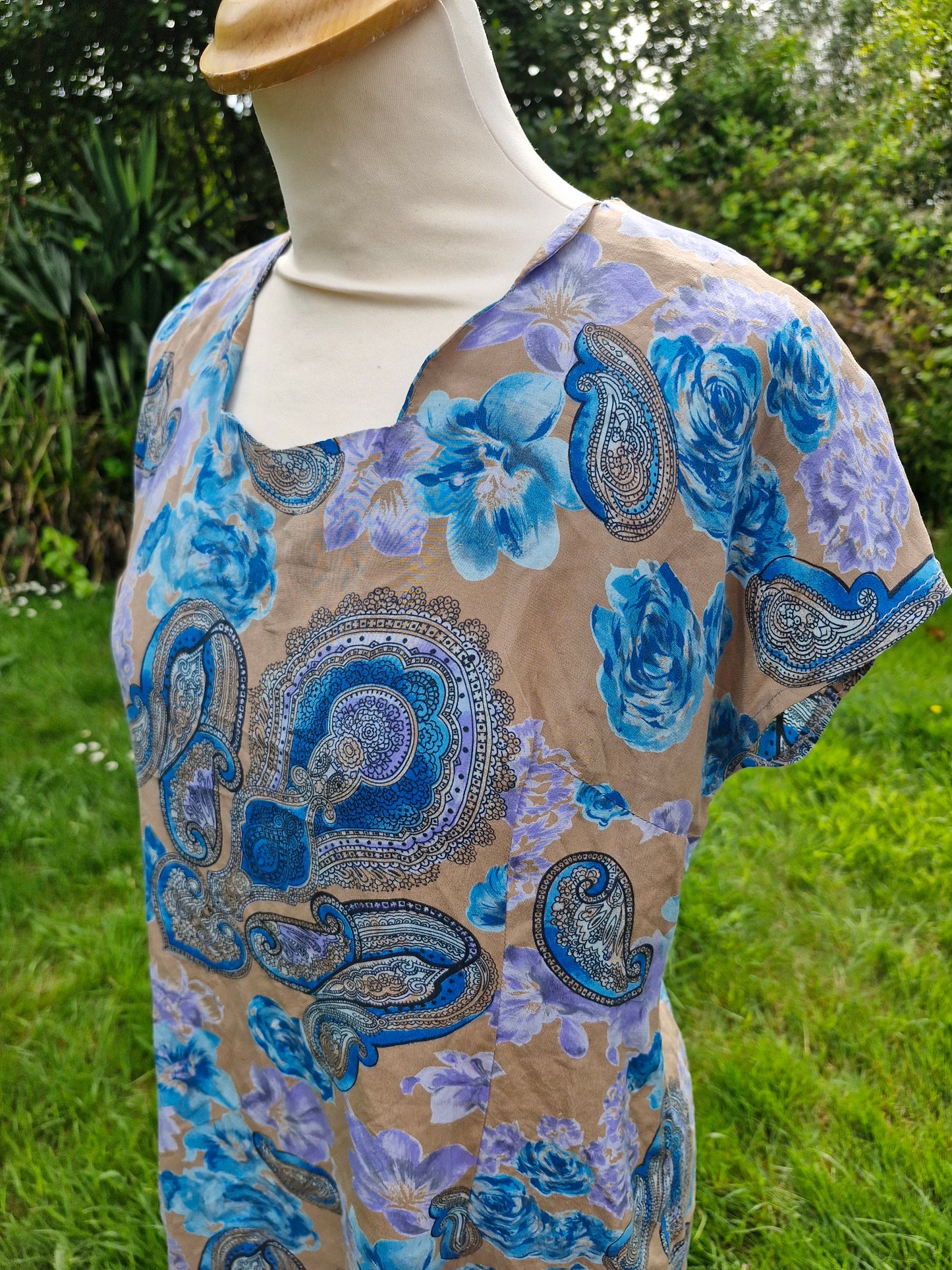 Handmade Vintage Silk Blue Floral Dress M