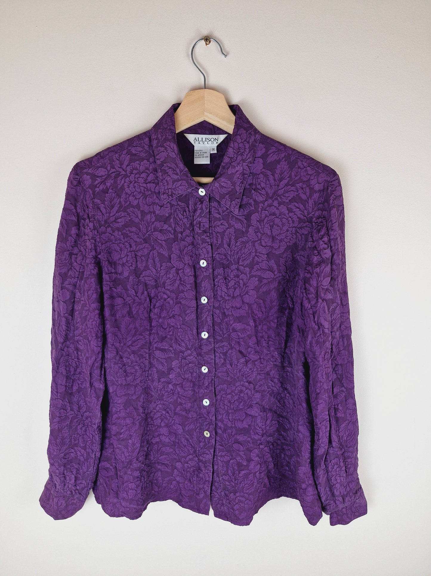 Vintage 90s Purple Silk Long Sleeve Shirt M