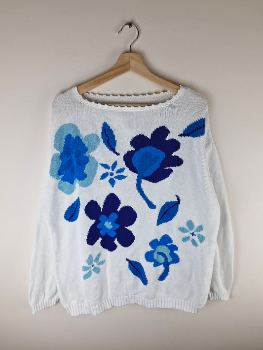 White & Blue Vintage Floral Jumper Sweater