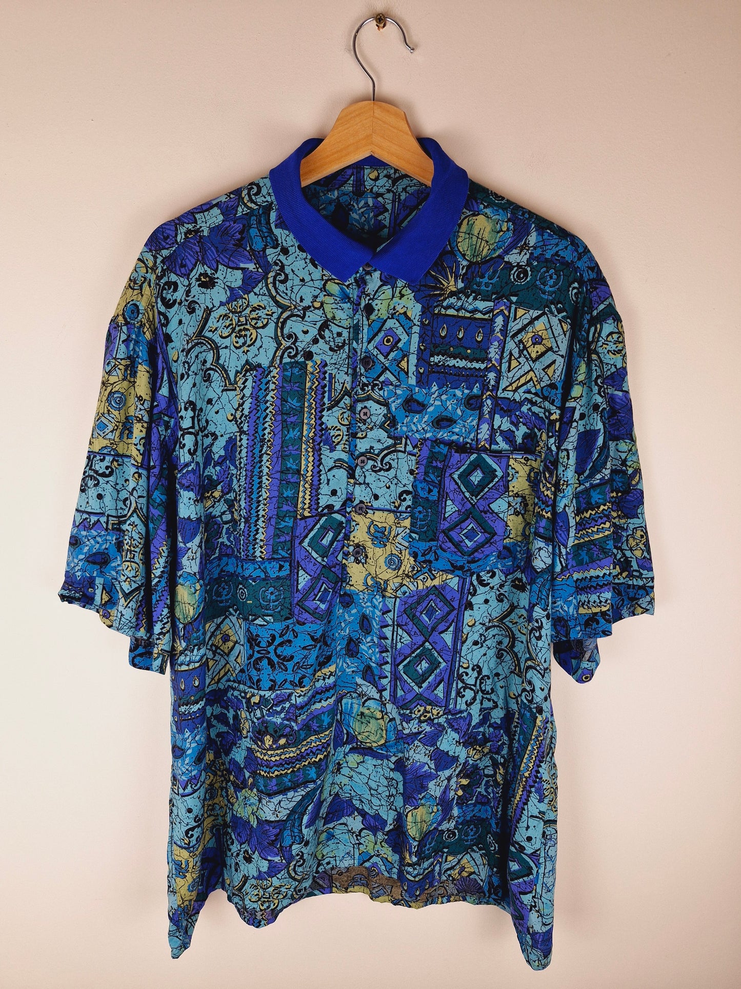 Vintage 90s Funky Abstract Print Turquoise Shirt XL